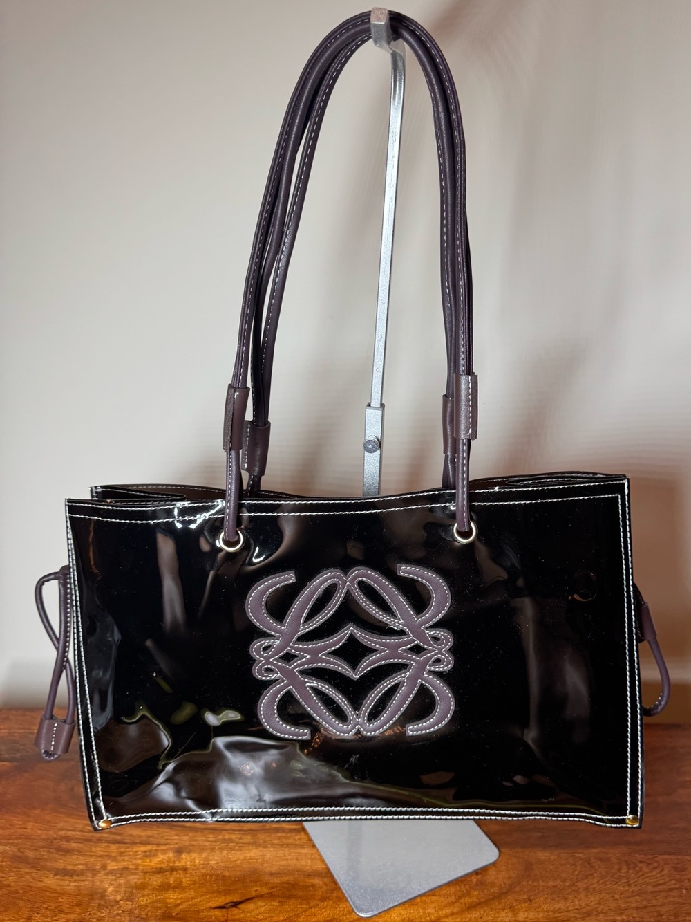 Black.Brown Patent Tote Bag. No Brand.